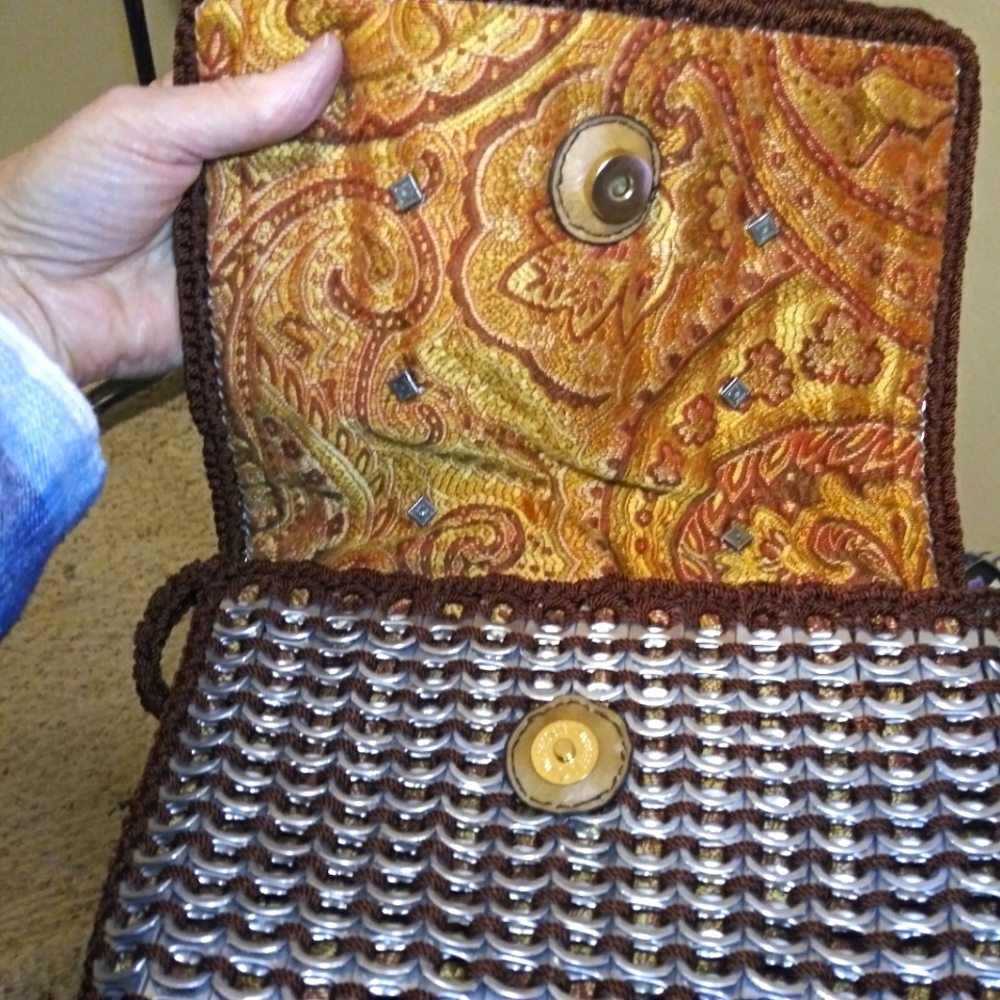 Boho One-Of-A-Kind Handmade Silver Soda Tab Trimmed Brown Crocheted Shoulder Bag - Picture 9 of 12